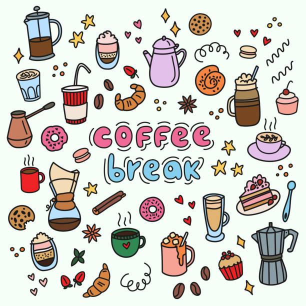 Colorful Coffee Set Set of hand drawn coffee doodles: drinks, snacks and coffee tableware. Monochrome vector illustration for greeting cards, t-shirts, menu, etc. caffeine illustrations stock illustrations