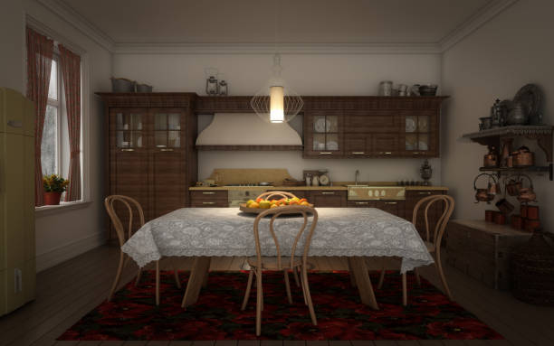 Traditional Eastern European Domestic Kitchen Digitally generated ethnic domestic kitchen interior with Eastern European influence/element(s) of design, such as samovar, set of old copper utensils, old but stylish kitchen furniture, etc.

The scene was rendered with photorealistic shaders and lighting in Autodesk® 3ds Max 2016 with V-Ray 3.6 with some post-production added. slavic culture stock pictures, royalty-free photos & images