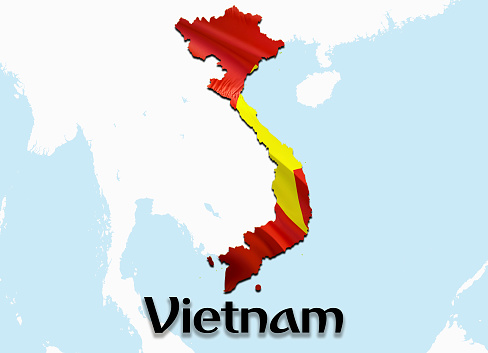 Flag Map of Vietnam. 3D rendering Vietnam map and flag on Asia map. The national symbol of Vietnam. \