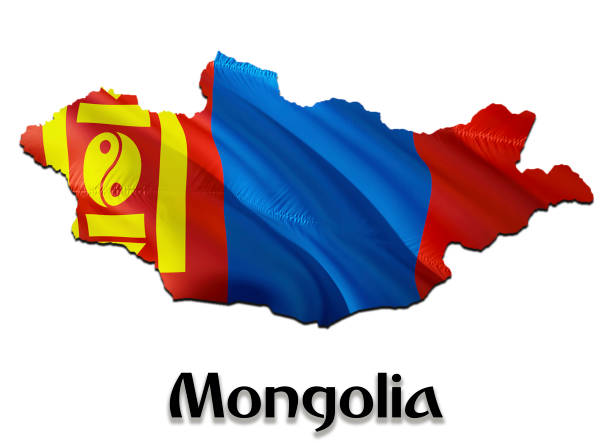 Mongolia Map Flag. 3D rendering Mongolia map and flag on Asia map. The national symbol of Mongolia. Ulaanbaatar flag on Asia background. National Mongolia waving flag colorful \