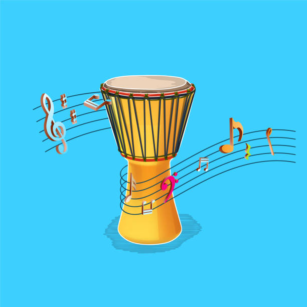 Vector Drumbe Drawing,Vecor African Drum Playing Drumbe and Musical notes are coming from it cartoon of a african bongo drums stock illustrations
