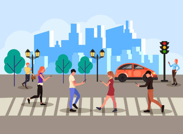 ilustrações de stock, clip art, desenhos animados e ícones de group of people texting messages online by smartphone laptop internet social network and walking across pedestrian. technology communication concept. vector flat cartoon isolated banner poster illustration - crossing people panoramic road