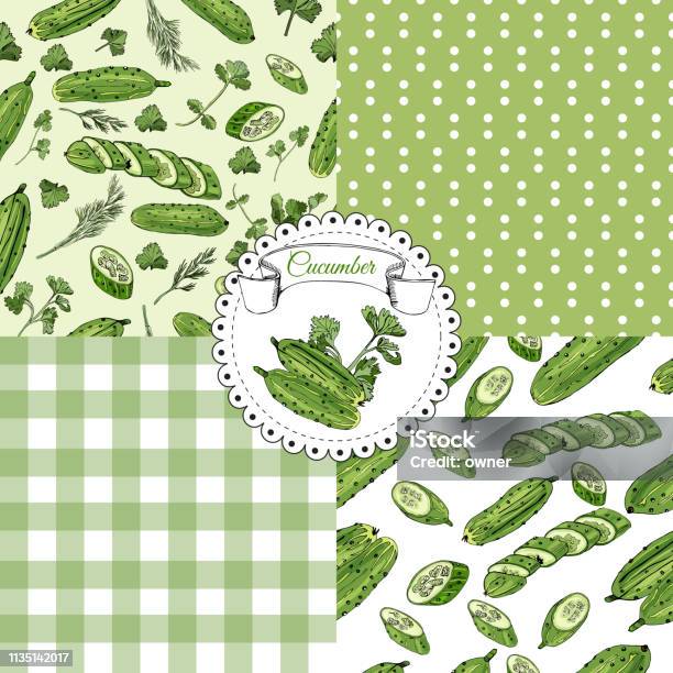 Set Of Seamless Pattern Of Hand Drawn Green Cucumbers And Herbs Ink And Colored Sketch Whole And Sliced Elements Stock Illustration - Download Image Now
