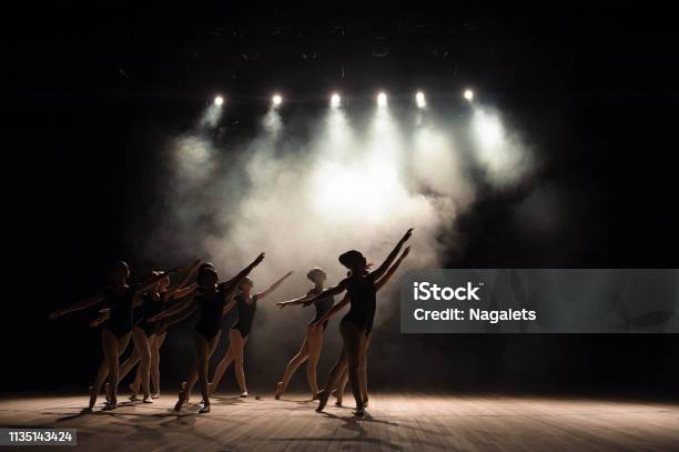 Ballet Class On The Stage Of The Theater With Light And Smoke Children Are Engaged In Classical Exercise On Stage Stock Photo - Download Image Now