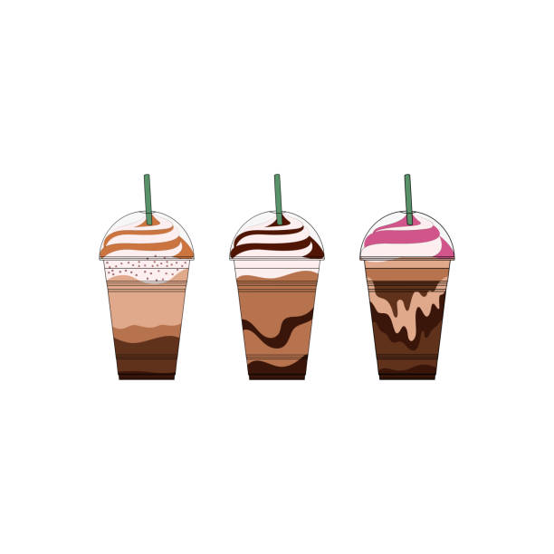 Coffee and frappuccino drinks in plastic cups vector illustration. Coffee with whipped cream in takeaway cup. Coffee and frappuccino drinks in plastic cups vector illustration. Coffee with whipped cream in takeaway cup. milk tea logo stock illustrations
