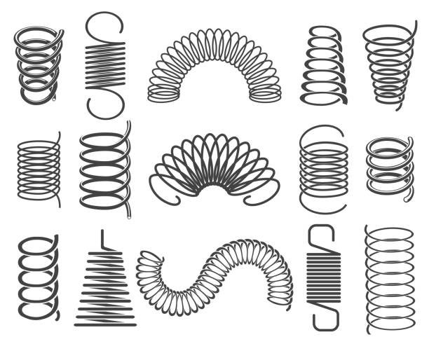 Metal springs isolated on white Metal springs. Vector metallic spiral and coil spring icons, compacted steel springs silhouette symbols isolated on white background coiled spring stock illustrations