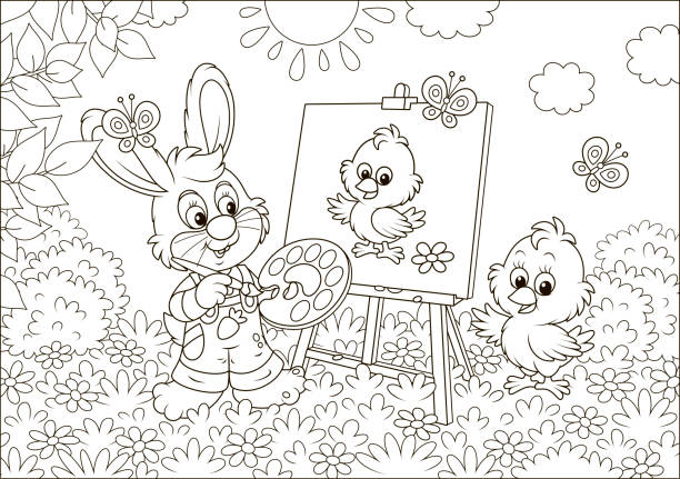Easter Bunny painter Little rabbit drawing a small chick on a lawn among flowers on a sunny spring day, black and white vector illustration in a cartoon style for a coloring book bunny rabbit coloring pages pictures stock illustrations