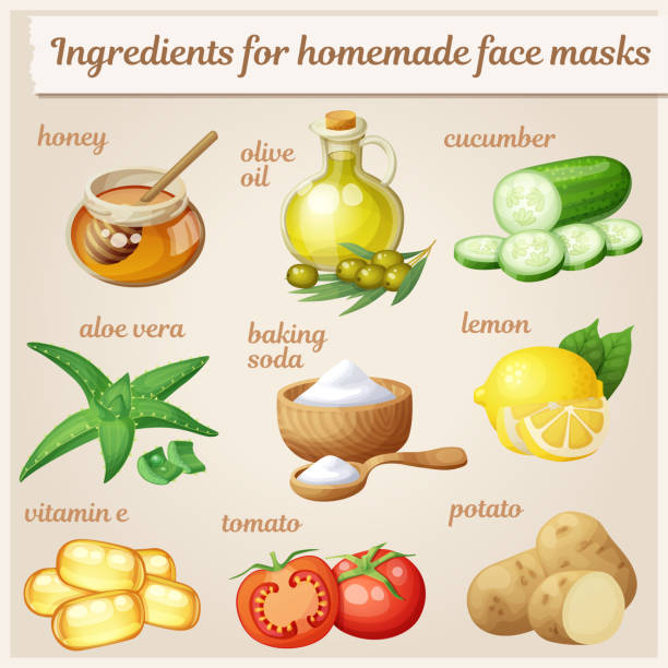 illustrations, cliparts, dessins animés et icônes de ingrédients de masque facial pour soins de la peau de visage à la maison. ensemble de graphismes de nourriture vecteur de dessin animé. illustration cosmétique naturelle - raw potato organic human skin food