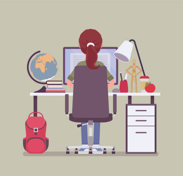Girl student sitting at the desk, rear view Girl student sitting at desk, rear view. Young pupil doing homework or assignment, teenager preparing for school exams, distance education and online courses, home external study. Vector illustration girl sitting stock illustrations