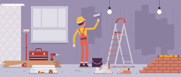 Repair of apartments and worker painting walls Repair of apartments and worker painting walls. Man provides professional services for construction of cottage, house, office, restore home to good condition, internal decoration. Vector illustration house painter ladder paint men stock illustrations