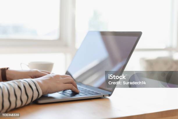 Donne Che Usano Il Laptop Con Schermo Vuoto A Tavola In Ufficio - Fotografie stock e altre immagini di Computer