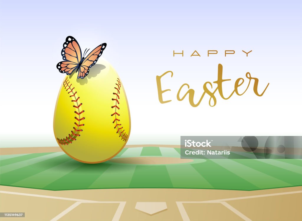 Happy Easter sports greeting card. Softball. Happy Easter. Easter egg in the form of a softball ball with Butterfly. Vector illustration. Baseball - Ball stock vector