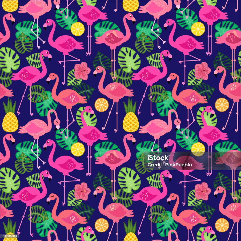 Seamless Vector Pattern with Flamingos and Other Summer Themed Elements Animal stock vector