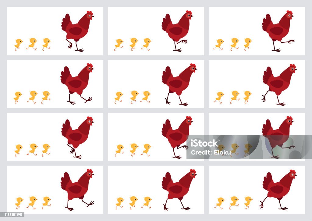 Walking red hen and chicks animation sprite sheet isolated on white background Walking red hen and chicks sprite sheet isolated on white background. Vector illustration. Can be used for GIF animation Cartoon stock vector