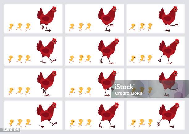 Walking Red Hen And Chicks Animation Sprite Sheet Isolated On White Background Stock Illustration - Download Image Now