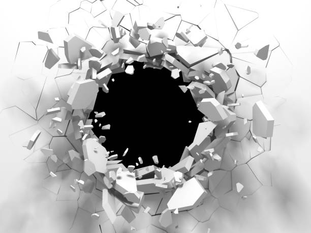 Dark destruction cracked hole in white stone wall Dark destruction cracked hole in white stone wall. 3d render illustration sliver stock pictures, royalty-free photos & images