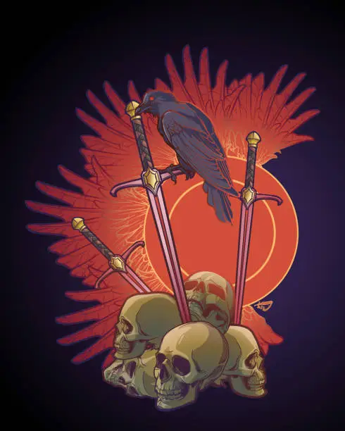 Vector illustration of Allegory of war. Human skulls, swords and Crow. Conceptual art, tattoo or tarot card design.