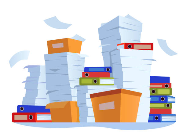 Unorganized paperwork. Paper documents stack, office work documentation disarray cartoon illustration Unorganized paperwork. Paper documents stack, office work documentation disarray and work document files pile cartoon illustration disarray stock illustrations