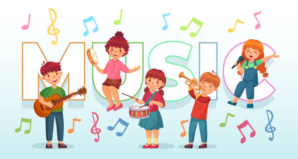 ilustrações de stock, clip art, desenhos animados e ícones de kids playing music. children musical instruments, baby band musicians and dancing kid singing or playing guitar vector illustration - animated cartoon music teens arts and entertainment