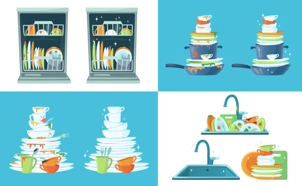 Dirty kitchen dish. Clean empty dishes, plates in dishwasher and dinnerware in sink. Washing up dish cartoon vector illustration Dirty kitchen dish. Clean empty dishes, plates in dishwasher and dinnerware in sink. Washing up dish, dirty and clean restaurant plate or household kitchenware cartoon vector illustration set washing dishes stock illustrations