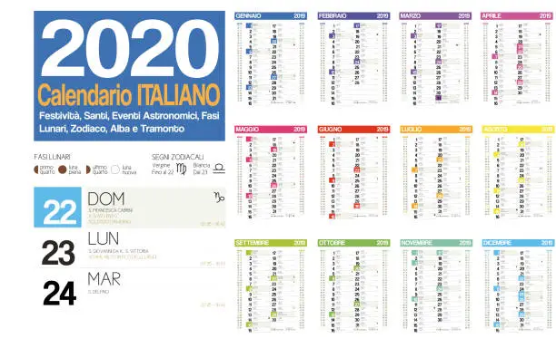 Vector illustration of 2020 italian calendar with italian holidays, zodiac , saints, moon phases, astronomical events, sunset and sunrise