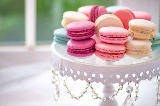 istock White plate with  marshmallow, macarons closeup. Elegant and luxurious. Focus on the cupcake 1135156322