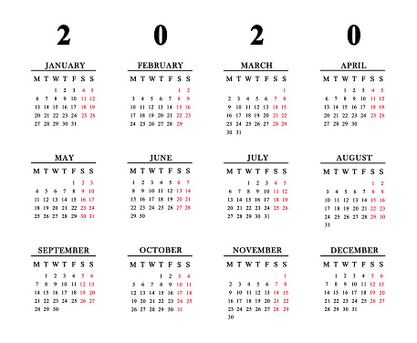 Calendar for 2020 on white background.