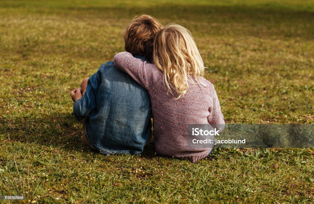 Siblings sitting on the grassy lawn Rear shot of siblings sitting on the grass. Little girl sitting with her brother putting her arm on his shoulder at park. Child Stock Photo