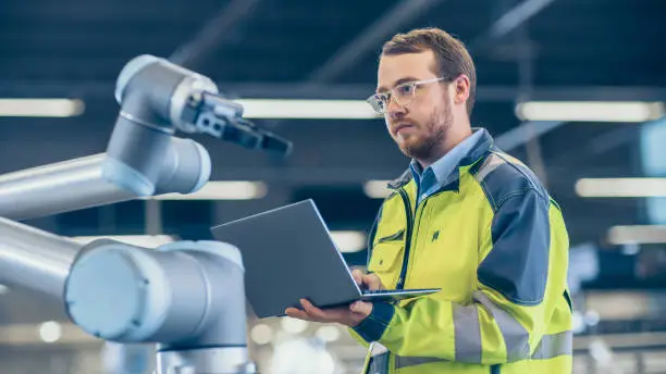 Photo of At the Factory: Automation Engineer Uses Laptop for Programming Robotic Arm. New Era in Automatic Manufacturing Industry.