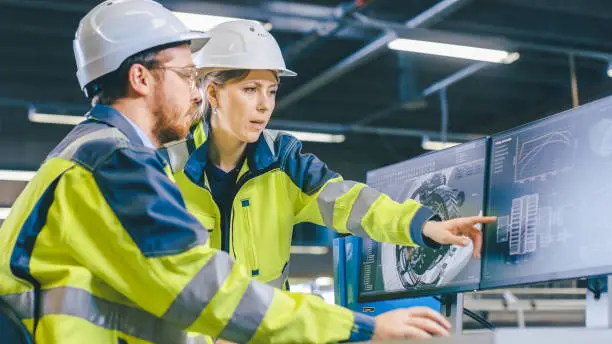 Photo of Inside Factory Male Mechanical Engineer and Female Chief Engineer Work Together on the Personal Computer, They Discuss Details of the 3D Engine Model Design.