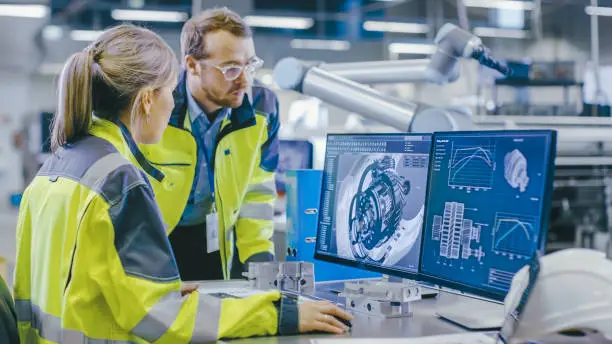 Photo of At the Factory: Male Mechanical Engineer Holds Component while Female Chief Engineer Work on Personal Computer, They Discuss Details of the 3D Engine Model Design.