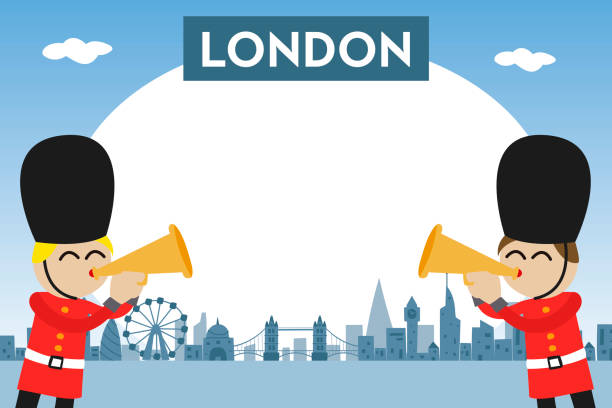 illustrazioni stock, clip art, cartoni animati e icone di tendenza di foto cornice per bambini con skyline di londra e guardie divertenti - london bridge