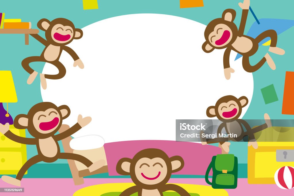 Cinq petits singes dans la chambre. Cadre photo pour les enfants. Illustrateur vectoriel - clipart vectoriel de Singe libre de droits