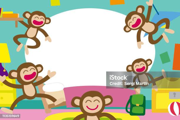 Cinq Petits Singes Dans La Chambre Cadre Photo Pour Les Enfants Illustrateur Vectoriel Vecteurs libres de droits et plus d'images vectorielles de Singe