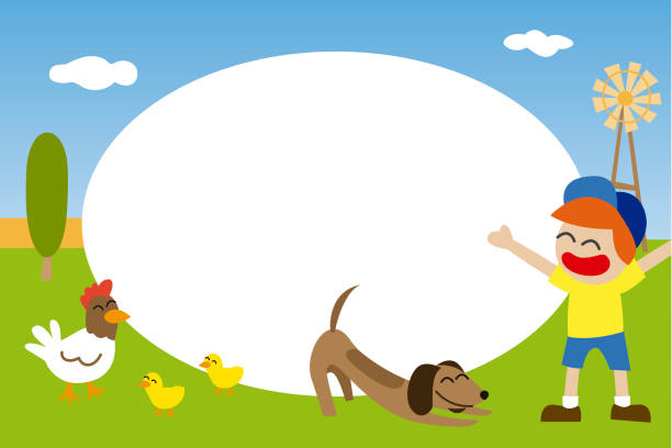 ilustrações de stock, clip art, desenhos animados e ícones de photo frame for kids with boy playing with his dog - dog set humor happiness