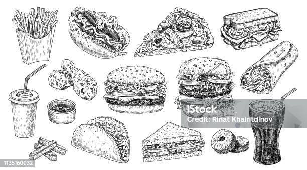 Illustration Vectorielle Dessiné À La Main De Nourriture Rapide Hamburger Cheeseburger Sandwich Pizza Poulet Taco Français Frites Hot Dog Beignes Burrito Et Cola Style Gravé Croquis Disolement Sur Fond Blanc Vecteurs libres de droits et plus d'images vectorielles de Burger