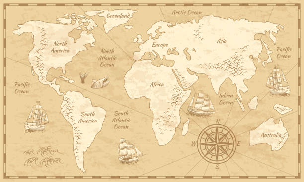 Vintage world map. Ancient world antiquity paper map with continents ocean sea old sailing vector background