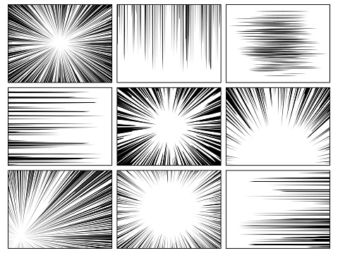 Radial comics lines. Comic book speed horizontal line cover speed texture action ray explosion hero drawing cartoon vector set