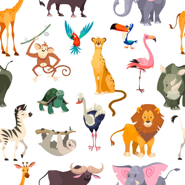 Wild animals seamless pattern. African safari print jungle zoo tropical leaves wallpaper textile cute kid animal flat Wild animals seamless pattern. African safari print jungle zoo tropical leaves wallpaper textile cute kid animal flat vector background cute cheetah print cartoon stock illustrations