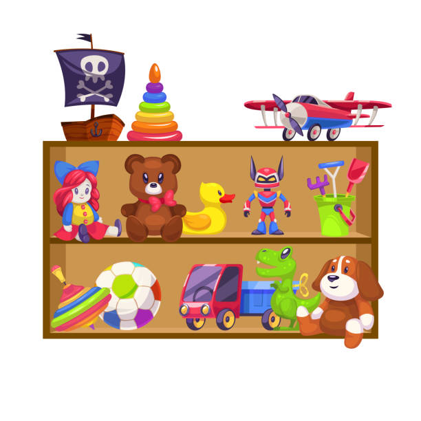 spielwaren regale. spielzeug kind shop holzregal-puppe bär baby spielplane bunte pyramide klavier rattle auto kaninchen ente wohnung - pyramide sammlung stock-grafiken, -clipart, -cartoons und -symbole