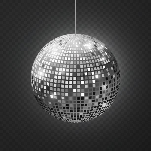 lustrzana kula dyskotekowa. soffit odbicie piłka lustrzane disco party srebrny brokat sprzęt retro promienie świecące mirrorball - disco ball mirror shiny lighting equipment stock illustrations