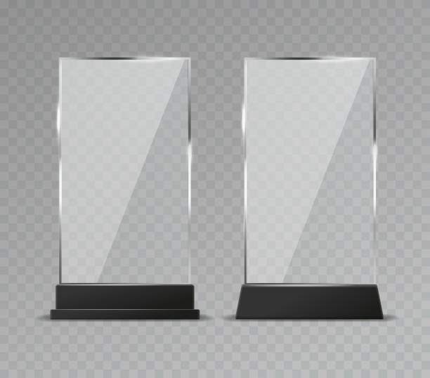 Glass table display. Office transparent glass table signs modern plastic clear stand reflection shiny plates vector Glass table display. Office transparent glass table signs modern plastic clear stand reflection shiny plates vector isolated template cafe transparent glass table stock illustrations