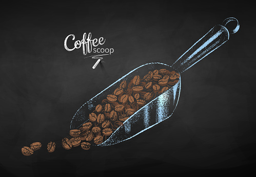 Vector chalk drawn sketch of metal coffee scoop with pile of beans on chalkboard background.