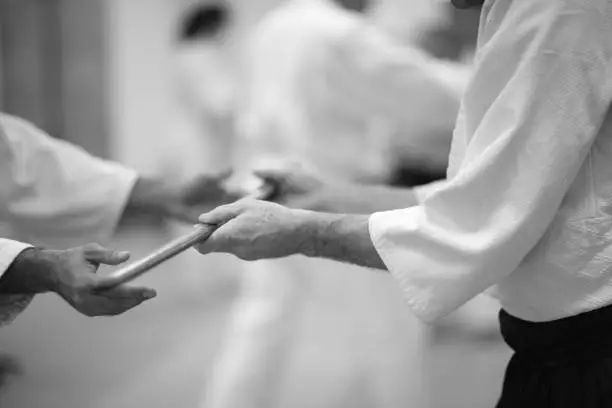 Transfer the sword in the hands of a partner in training Aikido