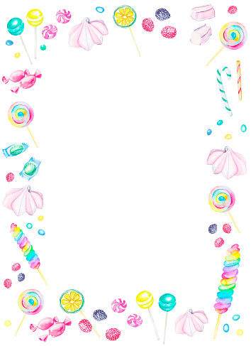 Watercolor rectangular white frame of candies. Watercolor hand painted illustration