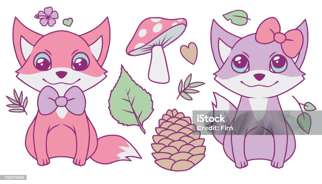 Forest themed vector collection set with pastel colored cartoon foxes with ribbon and bowtie, mushroom, leaf, pine cone, flower and hearts Cute illustration set for children Fox stock vector