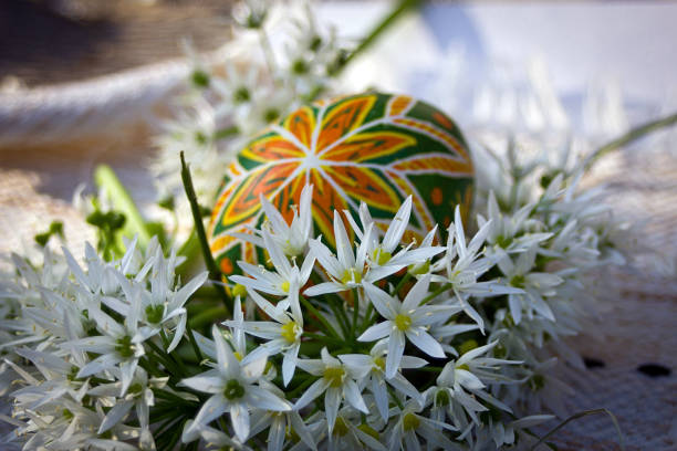 Easter egg ornated with small white flowers stock photo