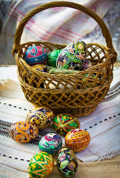 Painted traditional Easter eggs in a basket stock photo