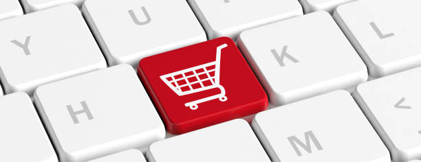 E shopping. Red key button with a shopping cart on a computer keyboard, banner. 3d illustration E shopping, ecommerce concept. Red key button with a shopping cart on a computer keyboard, banner. 3d illustration 3d red letter e stock pictures, royalty-free photos & images