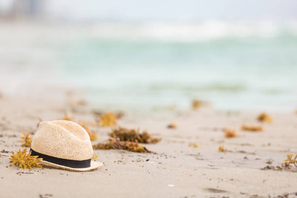 istock Nice straw hat laying on the sand. Beautiful ocean beach background. Outdoors. Vacation time. End of summer vacations. Dreaming of holidays by the sea. Traveling. 1135178477